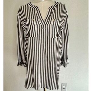 Jones New York V-neck Button Front Tunic Blouse White/Black Striped‎ Women's M